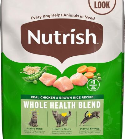 A bag of Nutrish Real Chicken & Brown Rice Recipe cat food, featuring chicken, peas, and carrots, and highlighting "Whole Health Blend" benefits for cats.