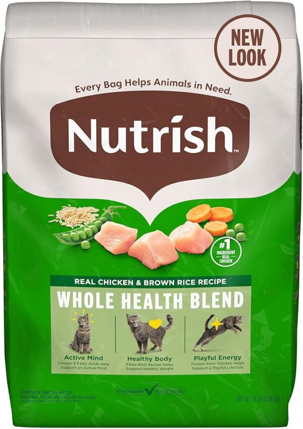 A bag of Nutrish Real Chicken & Brown Rice Recipe cat food, featuring chicken, peas, and carrots, and highlighting "Whole Health Blend" benefits for cats.