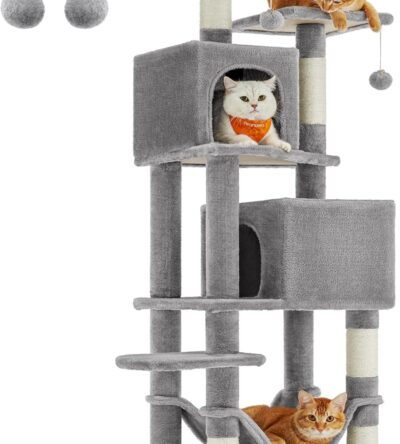 Multi-level cat tower for indoor cats with platforms, scratching posts, and cozy hideouts.
