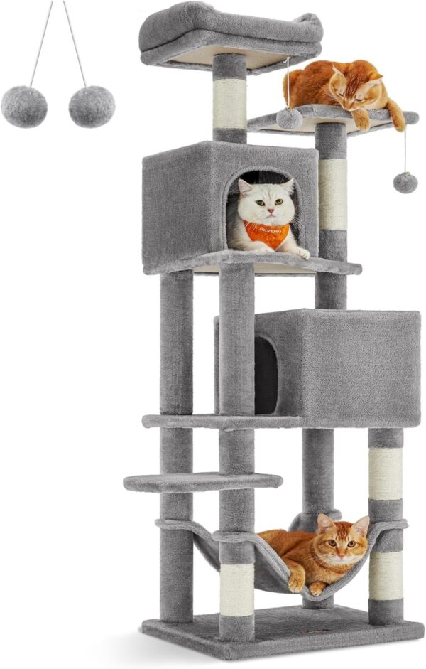Multi-level cat tower for indoor cats with platforms, scratching posts, and cozy hideouts.