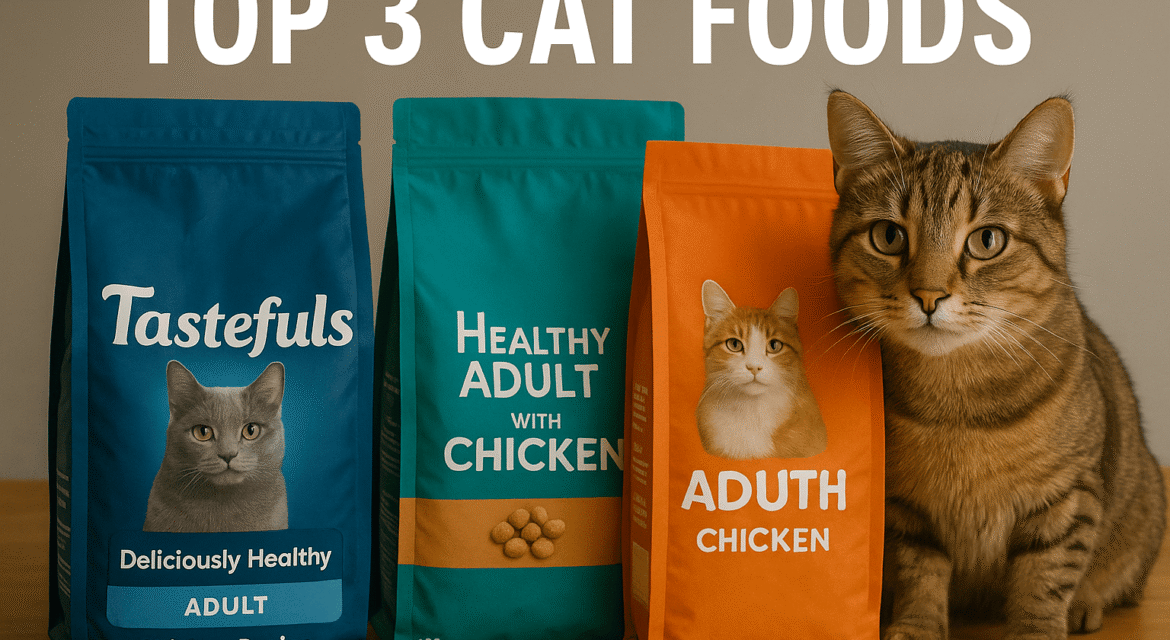 A brown tabby cat sitting next to three colorful cat food bags on a wooden table. The bags are blue, teal, and orange, each labeled with text about adult cat food with chicken recipes. Above them is the bold white text “TOP 3 CAT FOODS” on a beige background.