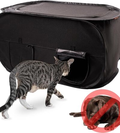 Dog-proof cat litter box with enclosed design to keep dogs out.