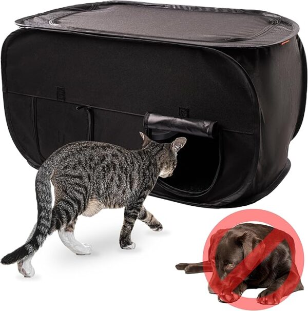 Dog-proof cat litter box with enclosed design to keep dogs out.