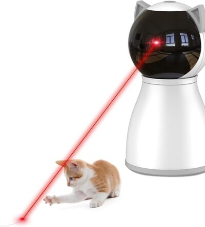 Indoor cat chasing a red laser dot on the floor, playing with an automatic laser toy.