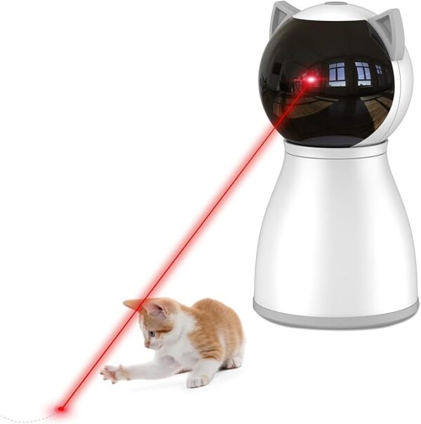 Indoor cat chasing a red laser dot on the floor, playing with an automatic laser toy.