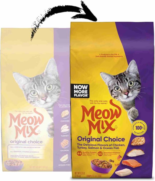 Meow Mix Original Choice Dry Cat Food bag with a grey tabby cat, colorful kibble pieces, and flavor icons on bright yellow packaging.