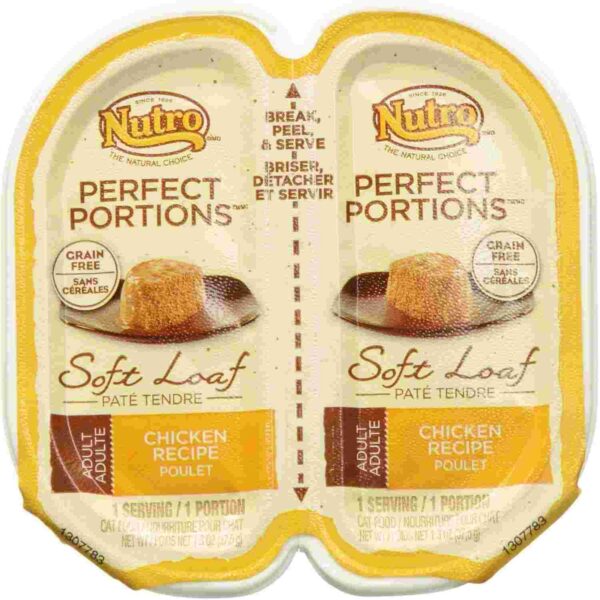 Nutro Perfect Portions Soft Loaf Chicken Recipe twin pack, showing grain-free pâté texture and packaging instructions for easy serving.