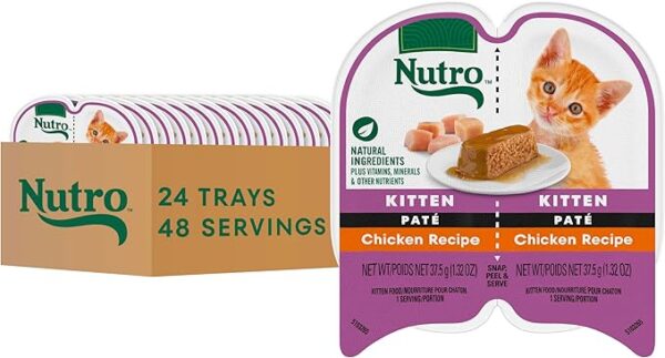Nutro Perfect Portions Kitten Wet Cat Food – Chicken Recipe Paté 24-tray pack, with an orange kitten photo, natural ingredients, and easy-serve packs.