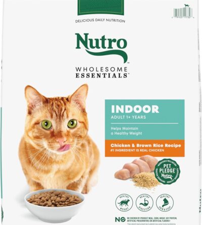 Nutro Wholesome Essentials Indoor Dry Cat Food bag with natural ingredients and chicken illustration, designed for indoor adult cats.