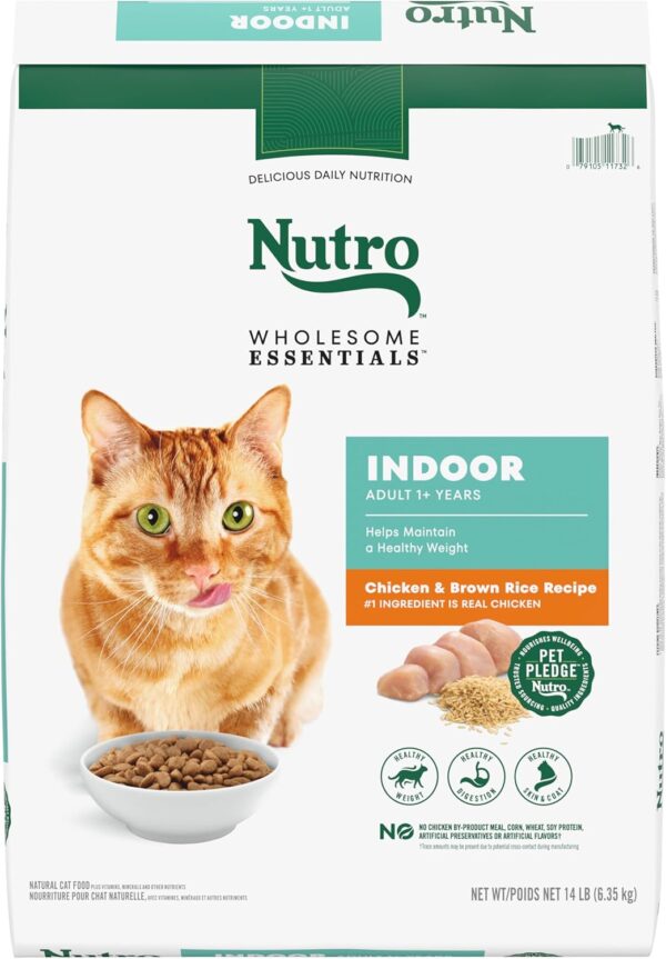Nutro Wholesome Essentials Indoor Dry Cat Food bag with natural ingredients and chicken illustration, designed for indoor adult cats.