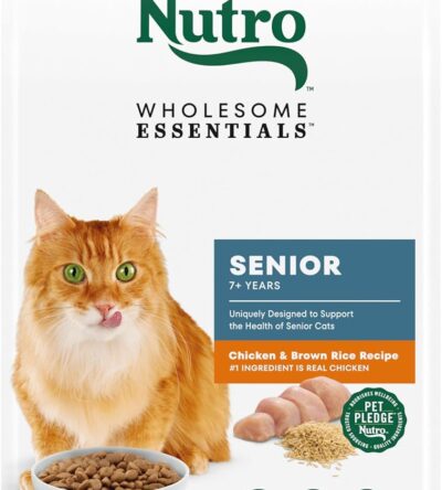 Bag of Nutro Wholesome Essentials Senior Dry Cat Food with real chicken, made for the health and vitality of senior cats.