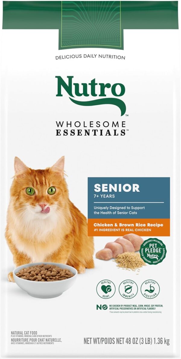 Bag of Nutro Wholesome Essentials Senior Dry Cat Food with real chicken, made for the health and vitality of senior cats.