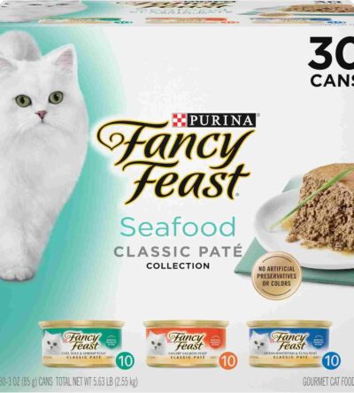 Purina Fancy Feast Seafood wet cat food cans with rich seafood flavors, displayed in a set with colorful packaging.