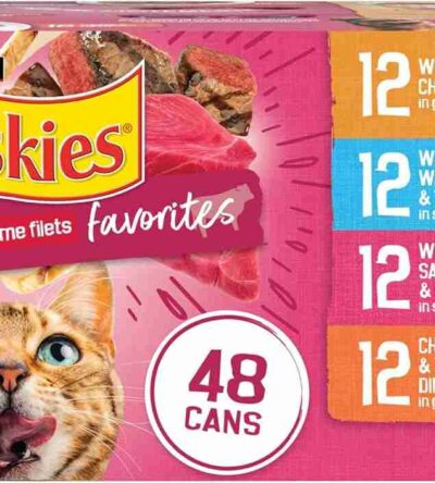 Purina Friskies Gravy Wet Cat Food cans with colorful labels, showing chunks of meat in gravy, arranged on a kitchen surface.