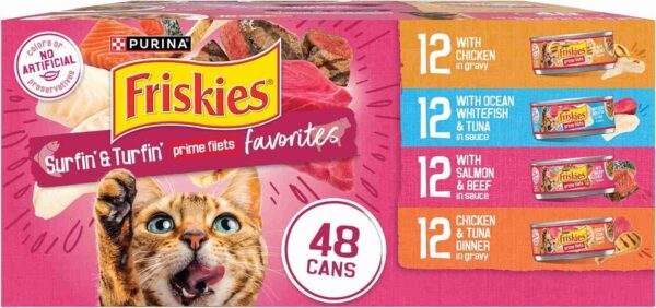 Purina Friskies Gravy Wet Cat Food cans with colorful labels, showing chunks of meat in gravy, arranged on a kitchen surface.
