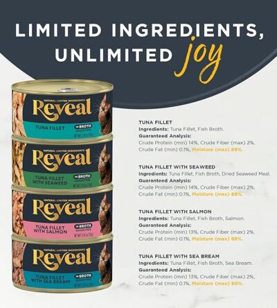 Reveal Natural Wet Cat Food in an open can with visible real meat and natural ingredients.