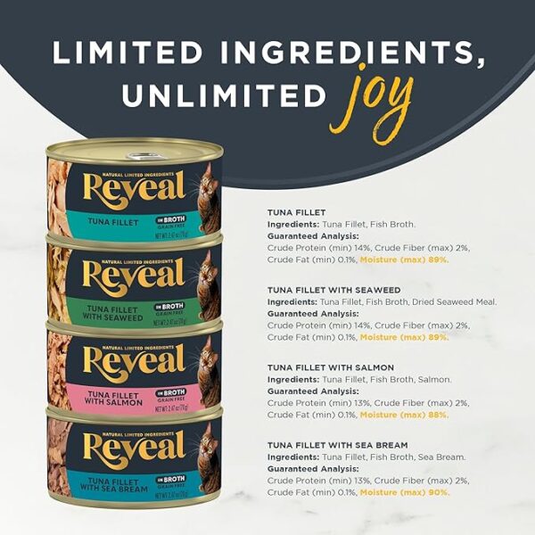Reveal Natural Wet Cat Food in an open can with visible real meat and natural ingredients.