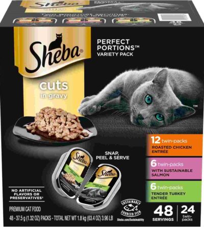 A box of Sheba Perfect Portions Wet Cat Food Cuts in Gravy Variety Pack, featuring a grey cat, a bowl of food, and individual twin-packs.