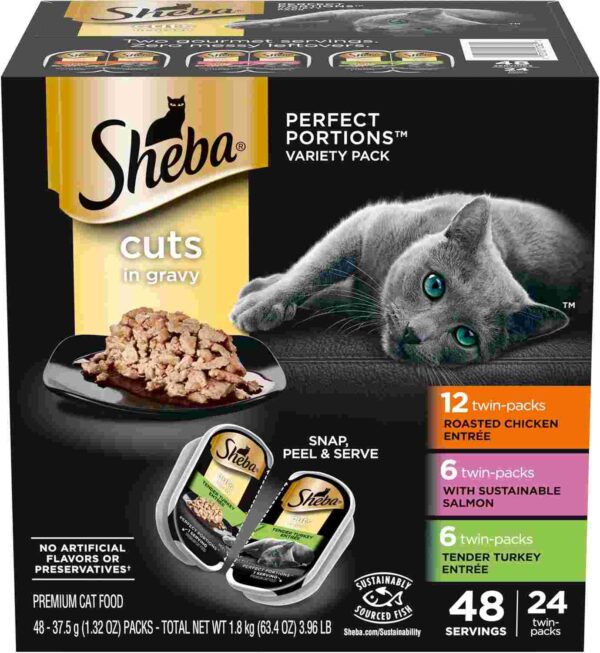 A box of Sheba Perfect Portions Wet Cat Food Cuts in Gravy Variety Pack, featuring a grey cat, a bowl of food, and individual twin-packs.