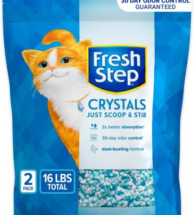 Fresh Crystal Cat Litter in a clean litter box, showing low-dust, blue silica crystals for odor control.