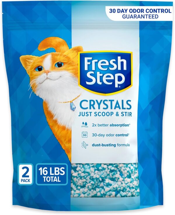 Fresh Crystal Cat Litter in a clean litter box, showing low-dust, blue silica crystals for odor control.
