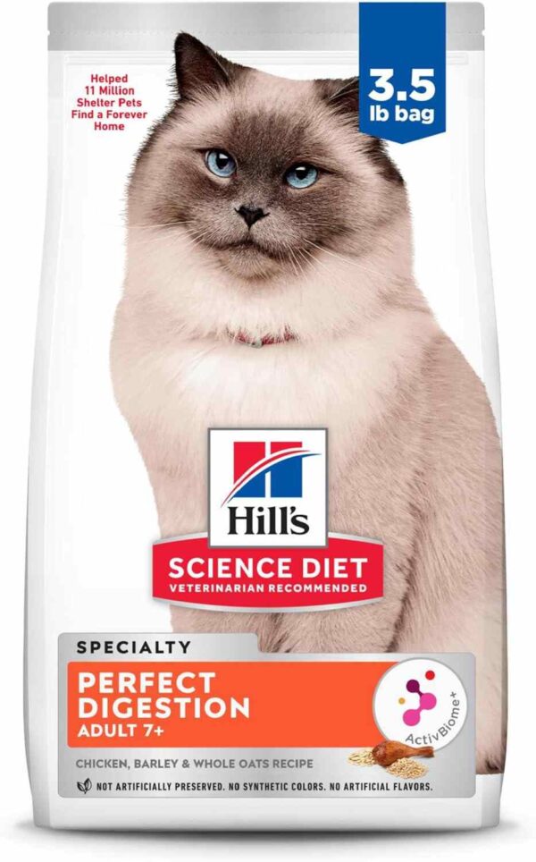 Hill's Science Diet Perfect Digestion Cat Food bag featuring a cat, kibble image, and digestive health icons on a white and red background.