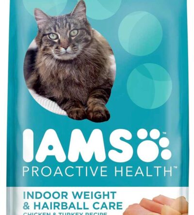 IAMS Dry Cat Food with Chicken & Turkey bag featuring a cat and protein icons, placed on a kitchen floor with a clean background.