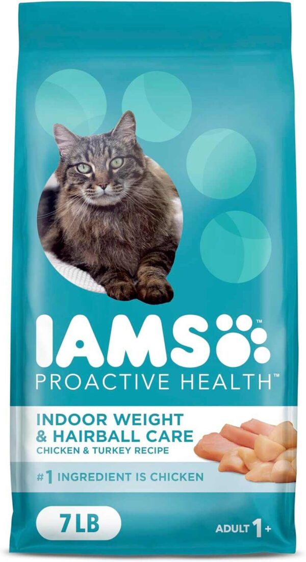 IAMS Dry Cat Food with Chicken & Turkey bag featuring a cat and protein icons, placed on a kitchen floor with a clean background.