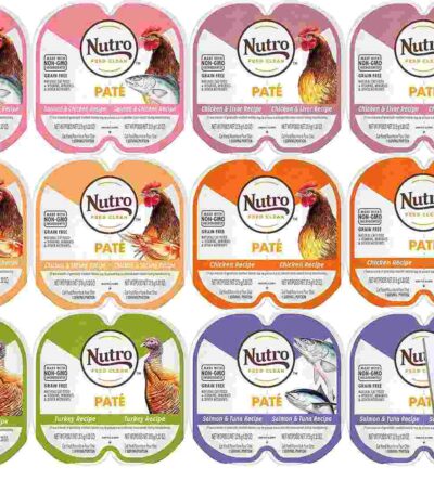 Nutro Paté cat food packs arranged in a grid, showcasing flavors like Chicken & Liver, Turkey, Chicken, and Salmon & Tuna, featuring images of the ingredients and “Nutro Feed Clean” labels.