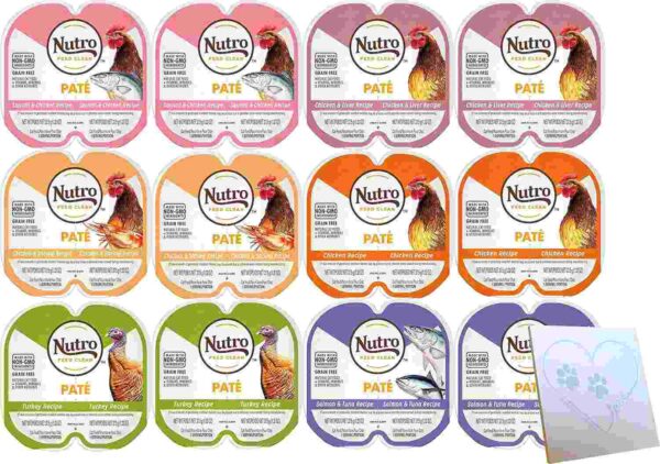 Nutro Paté cat food packs arranged in a grid, showcasing flavors like Chicken & Liver, Turkey, Chicken, and Salmon & Tuna, featuring images of the ingredients and “Nutro Feed Clean” labels.