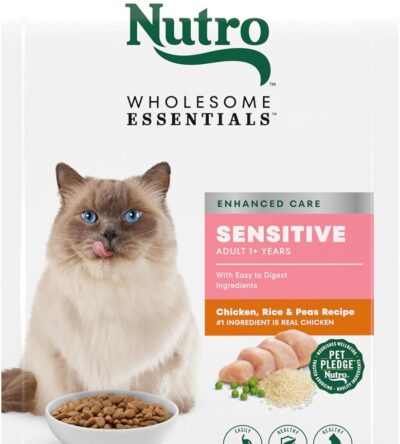Bag of Nutro Wholesome Essentials Sensitive Stomach Cat Food made with real chicken and natural ingredients for gentle digestion.