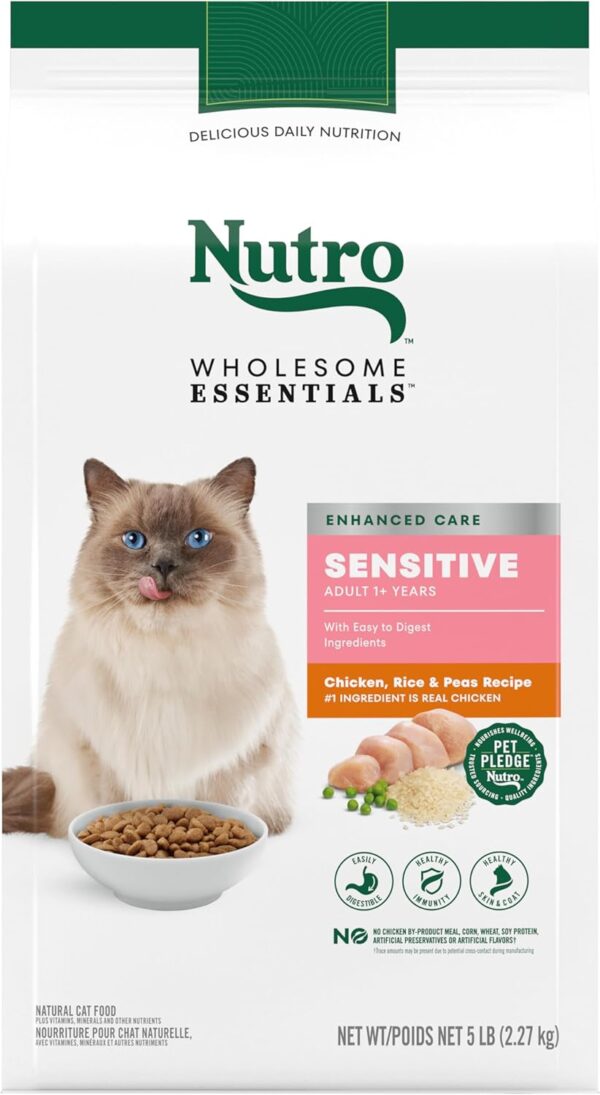 Bag of Nutro Wholesome Essentials Sensitive Stomach Cat Food made with real chicken and natural ingredients for gentle digestion.