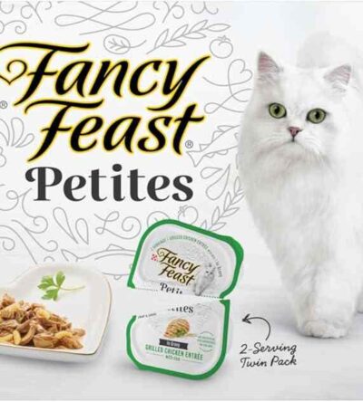 Purina Fancy Feast Gourmet Wet Cat Food cans with elegant labels and plated servings, showcasing a variety of rich flavors and textures.