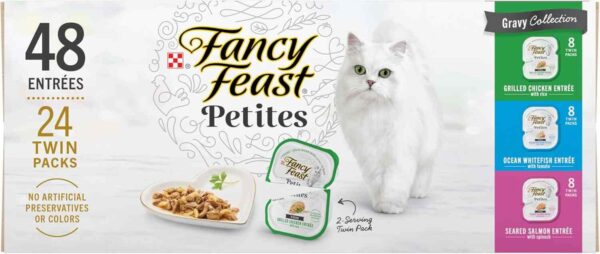 Purina Fancy Feast Gourmet Wet Cat Food cans with elegant labels and plated servings, showcasing a variety of rich flavors and textures.