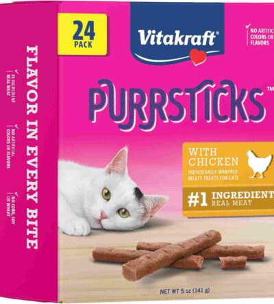 Vitakraft PurrSticks Cat Treats—individually wrapped meat sticks with over 70% real meat, featuring perforated packaging for easy portioning.