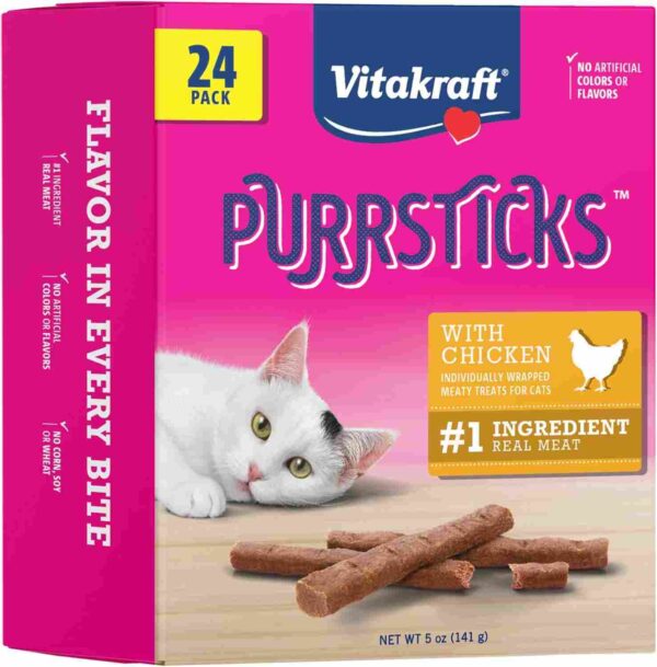 Vitakraft PurrSticks Cat Treats—individually wrapped meat sticks with over 70% real meat, featuring perforated packaging for easy portioning.