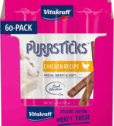 Vitakraft Cat PurrSticks Chicken treat pack with individually wrapped sticks and a cat image on bright yellow-pink packaging, placed on a white surface.