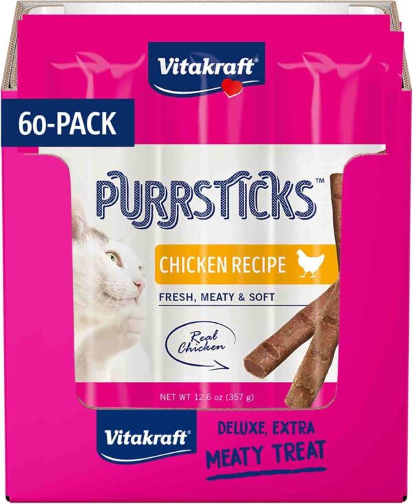 Vitakraft Cat PurrSticks Chicken treat pack with individually wrapped sticks and a cat image on bright yellow-pink packaging, placed on a white surface.