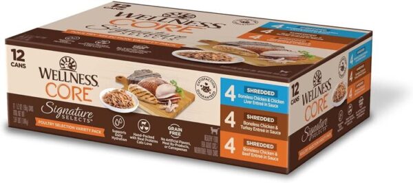 Wellness CORE Signature Selects Shredded Adult Wet Cat Food can with gourmet-style shredded meat in gravy, served in a small white dish.