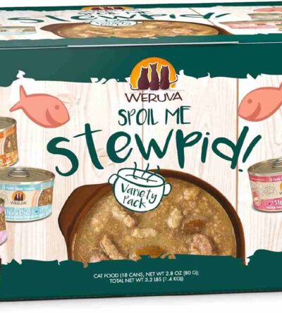 Weruva Classic Stews Cat Food pouches and cans with vibrant labels, showing real meat chunks in gravy served in a bowl.