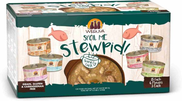 Weruva Classic Stews Cat Food pouches and cans with vibrant labels, showing real meat chunks in gravy served in a bowl.