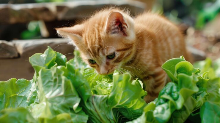 Cute kitten munching on lettuce during a wholesome mealtime.