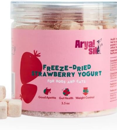 A clear jar labeled "Arya!Sit Freeze-Dried Strawberry Yogurt" pet treats for dogs and cats, with small cube-shaped treats visible inside and outside the container.