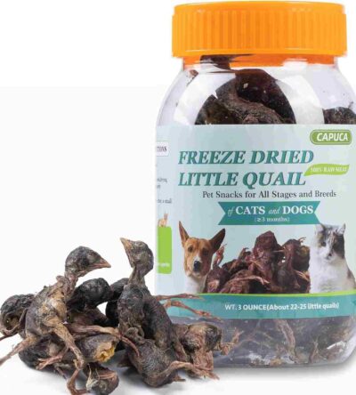 Jar of Capuca Freeze-Dried Little Quail treats for cats and dogs, with several whole dried quail pieces placed in front of the container.