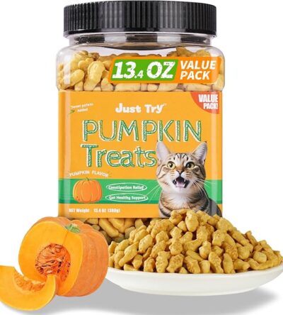 Pumpkin-flavored cat treats jar labeled “Just Try” with a cat image, real pumpkin, and a plate of the treats in front.