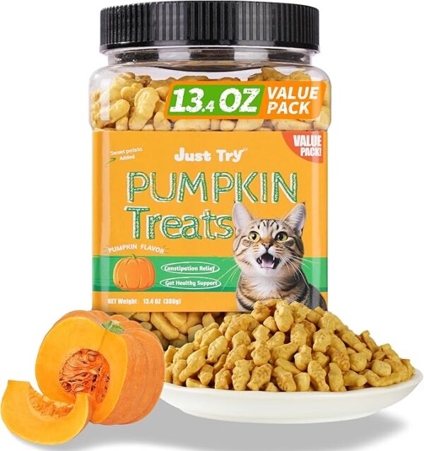 Pumpkin-flavored cat treats jar labeled “Just Try” with a cat image, real pumpkin, and a plate of the treats in front.