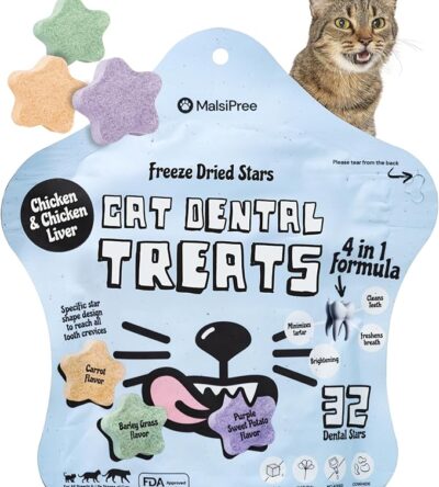 A package of MalsiPree Freeze Dried Stars Cat Dental Treats, featuring a cat's head, star-shaped treats in various flavors (carrot, barley grass, purple sweet potato), and text highlighting benefits like cleaning teeth, minimizing tartar, brightening, and freshening breath.