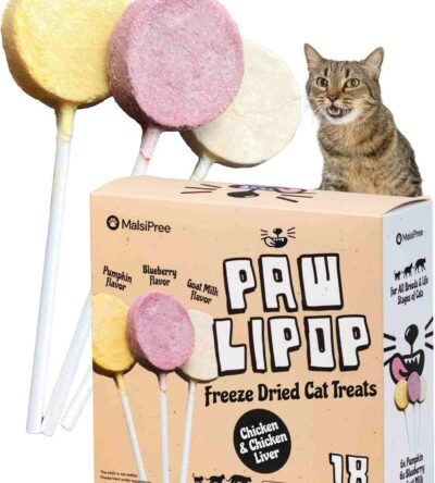 Three colorful freeze-dried cat treat lollipops (Pumpkin, Blueberry, Goat Milk flavors) next to a cat and product box labeled "Paw Lipop".