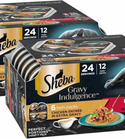 Two boxes of Sheba Gravy Indulgence Perfect Portions variety pack for adult cats, featuring 24 servings with chicken and beef entrées in extra gravy.