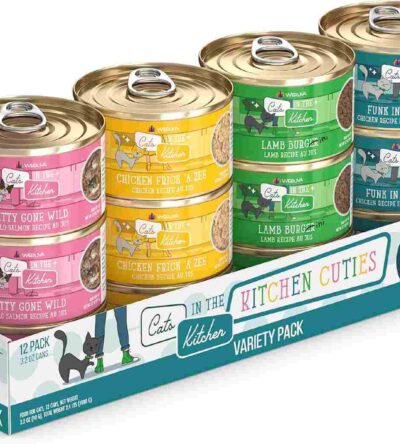 Weruva Cats in the Kitchen Kitchen Cuties variety pack with 12 cans of wet cat food in 4 grain-free flavors including salmon, chicken, and lamb.